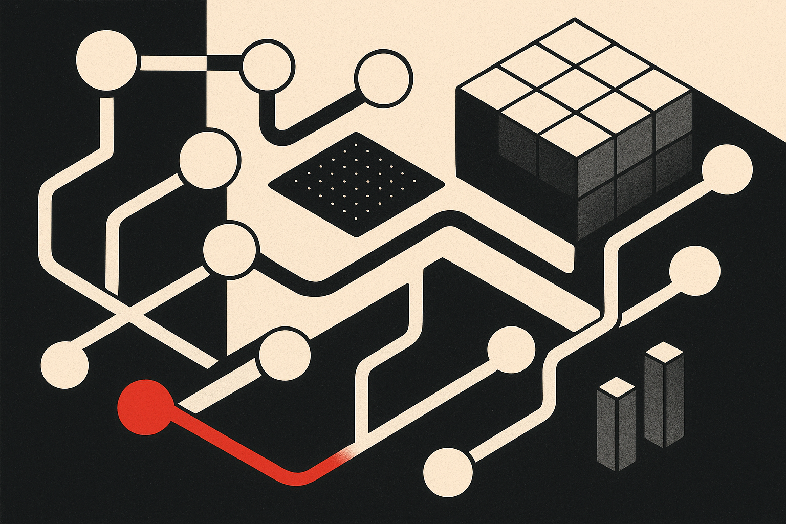 Abstract editorial illustration for: AI Coding Speeds Development, But Enterprise Software Still Slow