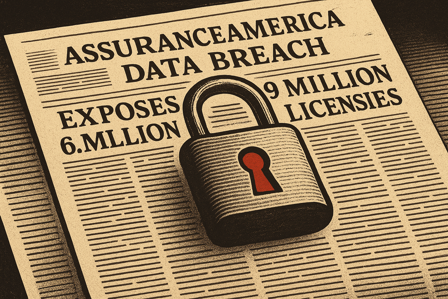 Abstract editorial illustration for: AssuranceAmerica Data Breach Exposes 6.9 Million Driver's Licenses