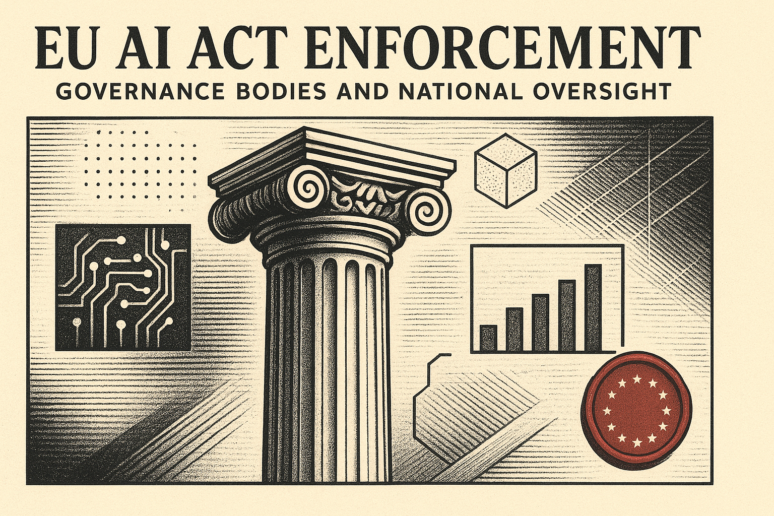 Abstract editorial illustration for: EU AI Act Enforcement: Governance Bodies and National Oversight