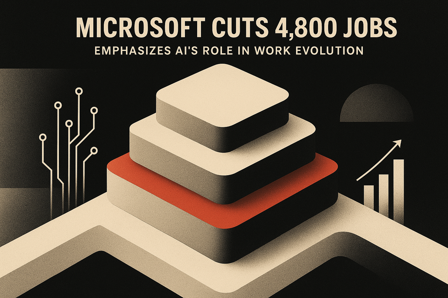 Abstract editorial illustration for: Microsoft Cuts 4,800 Jobs, Emphasizes AI's Role in Work Evolution